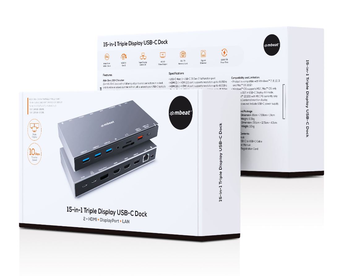 mbeat 15-in-1 USB-C Dock | Triple Display & 100W Power Delivery MBEAT