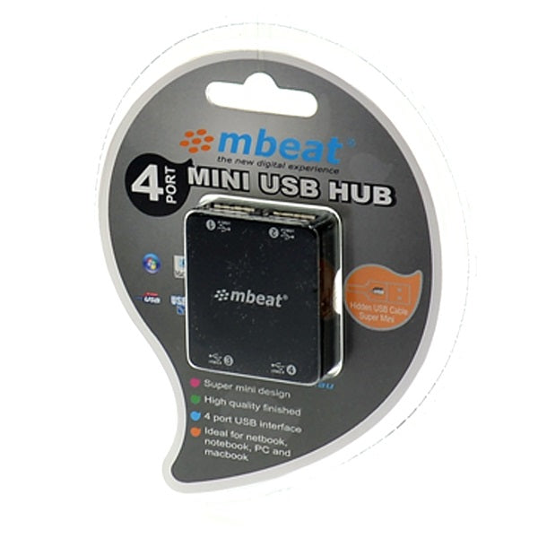 Mbeat Mini 4-Port USB 2.0 Hub for Laptops, PCs & Mac - Fold-Away Cable MBEAT