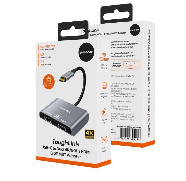 mbeat Tough Link USB-C Dual 4K/60Hz HDMI & DP Monitor Adapter MBEAT