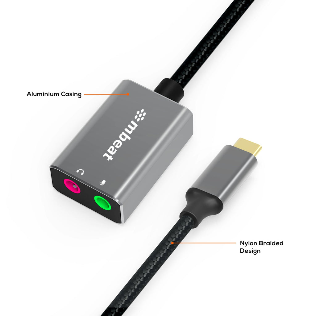 mbeat Elite USB-C to 3.5mm Audio Adapter | Headphone & Mic Jack - Grey MBEAT