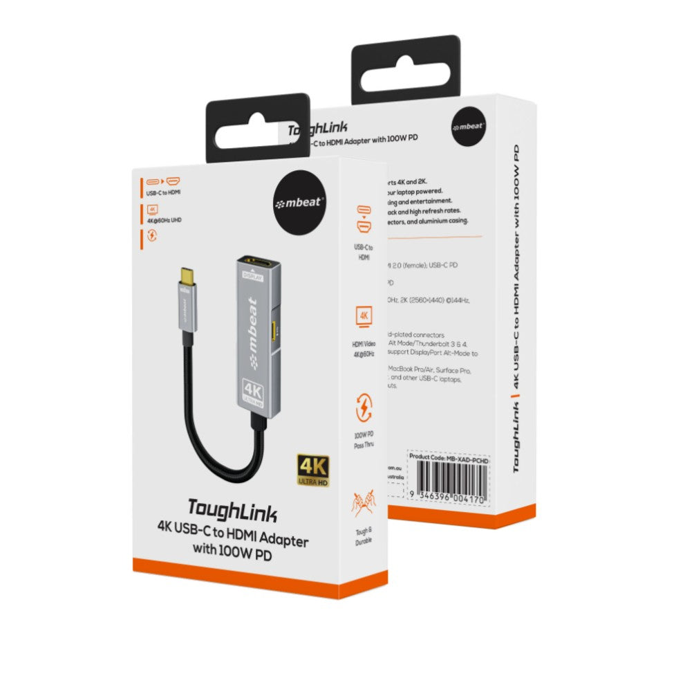 mbeat Tough Link USB-C to HDMI 4K 60Hz Adapter | 100W PD - Space Grey 