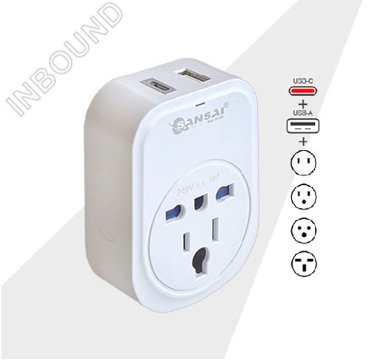 Generic Sansai USB Travel Adaptor USB A + C 2xUSB Charging Outlets 100-240VAC 10A 2400W Compatible with plugs