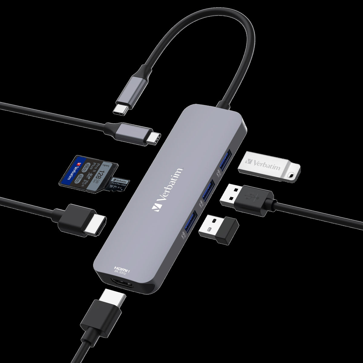 Verbatim USB-C Pro Multiport Hub 8 Ports, 2x HDMI 8K30+4K30 dual display, 3x USB-A 3.2 Gen1, SD + microSD, USB