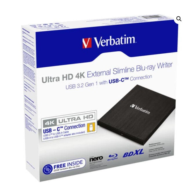 Verbatim 4K Ultra HD External Blu-ray Writer with USB-C for Laptops