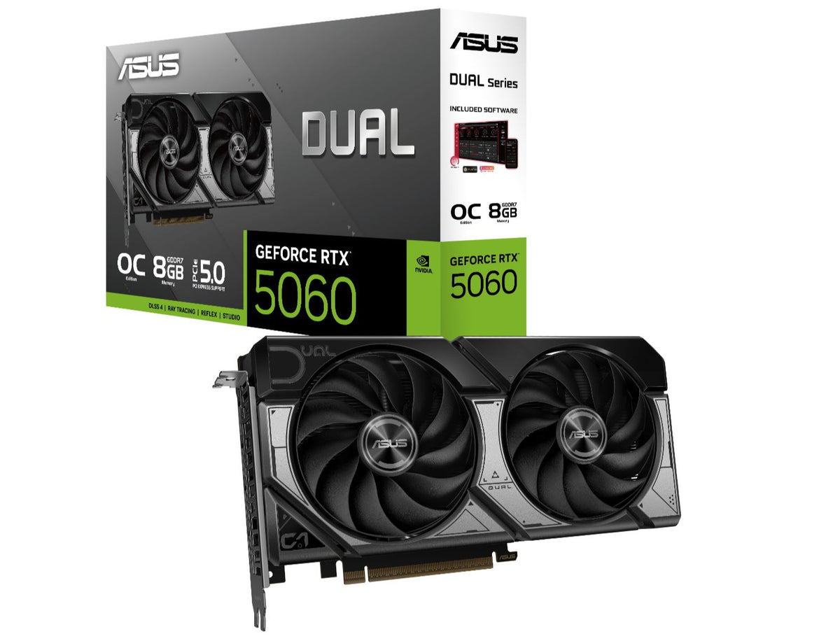 ASUS NVIDIA GeForce DUAL RTX™ 5060 8GB GDDR7 OC Edition, 3840 CUDA, 2565MHz, 128-bit, 7680x4320, PCIe 5.0 DUAL