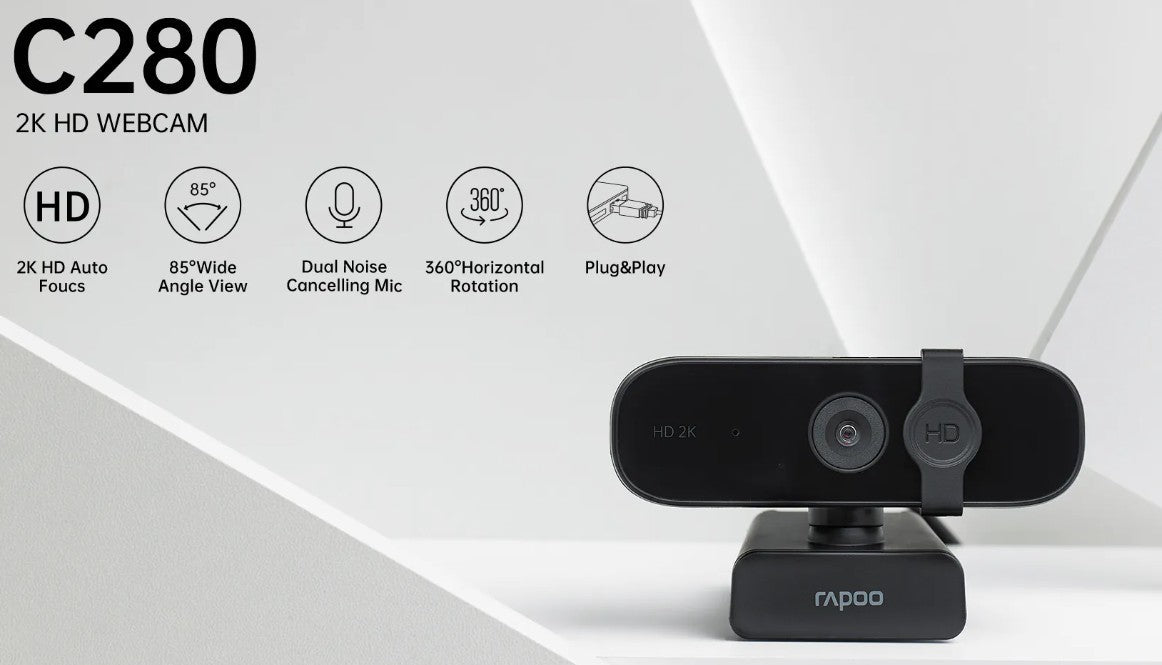 Rapoo C280 2K HD Webcam | Privacy Cover & Mic for Clear Online Meetings Rapoo
