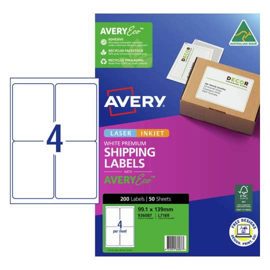Avery J8169 Inkjet Labels - 4 Labels Per Page, 50 Sheets for Printing