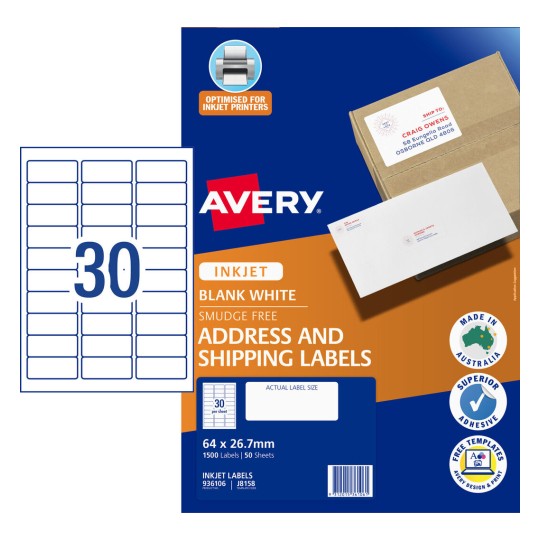 Avery J8158 Inkjet Labels - 30 Per Sheet, 50 Sheets 