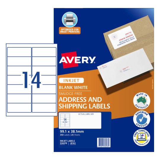 Avery Printable Inkjet Labels J8163 - 14 Per Sheet, 25 Sheets