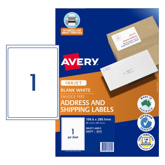 Avery Printable Inkjet Labels J8167 - Full Page - 25 Sheets
